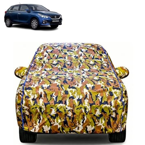 Image of Waterproof Car Body Cover for Maruti Suzuki Baleno with Mirror Pocket| Cotton Inner Lining | Triple Stitched | All Weather Protection | Dust, UV & Rain Proof (Camouflage with Blue Piping)
