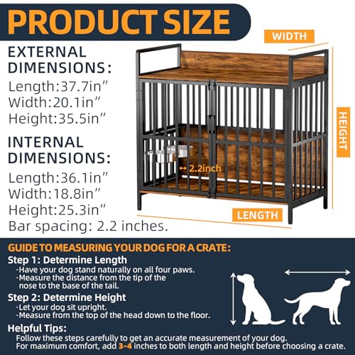 Large Dog Crate Furniture, with 360° Adjustable Elevated Feeder, Heavy Dog Furniture, Indoor Decorative Dog Kennel, Sturdy Metal Construction, 38" W×21" D×36" H, Rustic Brown Finish - Image 5