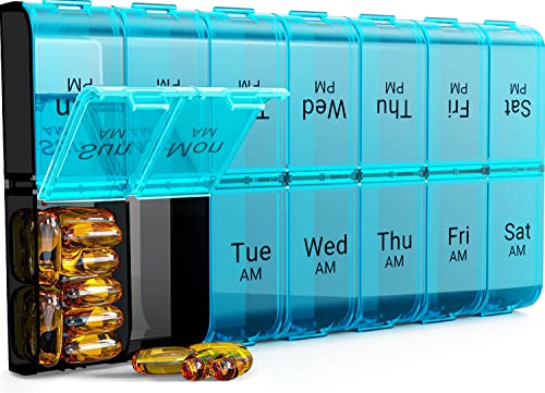 Image of 7 Day Extra Large Pill Organizer 2 Times a Day, Weekly Pill Box Twice a Day, XL AM PM Pill Case, Oversized Daily Medicine Organizer for Vitamin, Big Pill Container (Cyan) | Easy-Open, High-Capacity, Bold-Letters, Senior-Friendly, AM /PM, Weekly-Tracking, BPA-Free, Long-Lasting