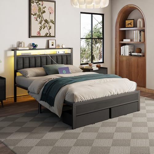 Image of Furnulem Queen Bed Frame with Charging Station and LED Lights, Grey Upholstered Headboard with Shelves, Metal Platform Bed with 2 Under-Bed Storage (Fabric Drawer on Wheels), No Box Spring Needed
