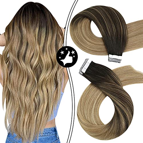 Moresoo Tape in Hair Extensions 20 Inch Rooted Tape in Extensions Color Brown #2 Fading to Golden Blonde #16 with Dirty Blonde #24 20 Pieces Balayage Hair Extensions 50 Gram