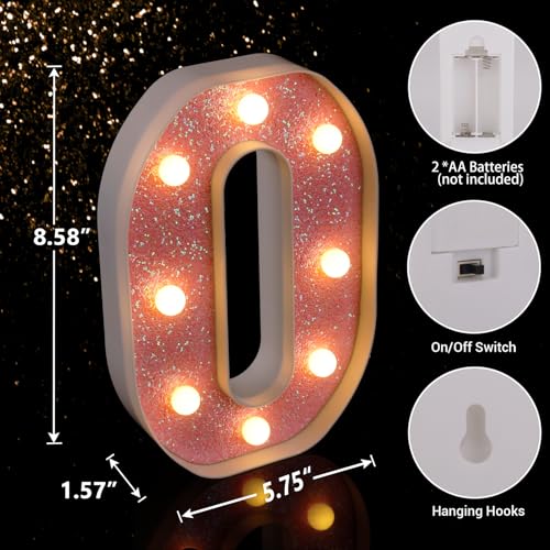 Image of LED Letter Lights Pink Glitter Marquee Letters Light Up Alphabet Letters Sign Battery Powered for Home Party Decoration Night Bar Wedding Birthday Christmas Lamp Girls Gift - Letter O