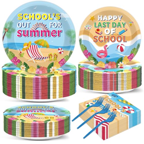 200Pcs School's Out for Summer Plates and Napkins Happy Last Day of School Party Supplies End of School Year Theme Tableware Set Hawaii Pool Themed Plates for Tropical Beach Party Favors Serves 50