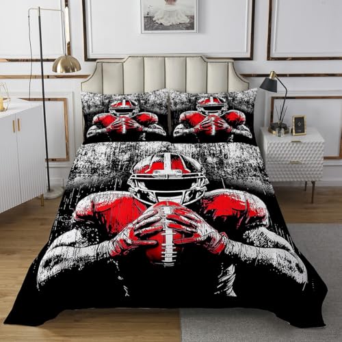 Juego de colcha infantil de jugador de rugby, tamaño King, dibujo a mano, diseño de graffiti, decoración de habitación de niños y hombres, colcha acolchada de fútbol americano, edredón negro, 2 fundas