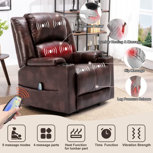 Comhoma Power Lift Recliner Chairs For Elderly Big Heated Massage Recliner Sofa Pu Leather With Infinite Position 2 Side Pockets And Cup Holders (Brown) #TOP5