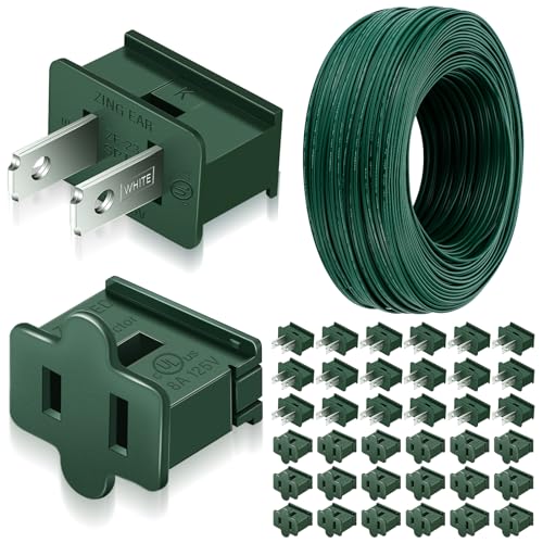 Xuhal 500FT 18/2 Electrical Wire UL Listed and 40pcs Christmas Male Slip 40pcs Female Slip Plug Set Vampire Outlet Green Zip Plug Zip Cord Wire for Xmas Holiday Outdoor Light(SPT-2)