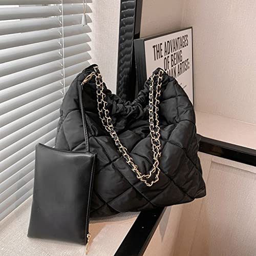 GRPKSSIB Women's Puffer Bag Quilted Shoulder Bag Nylon Tote bag Puffy Handbag Chain Straps with Coin Purse 2 in 12