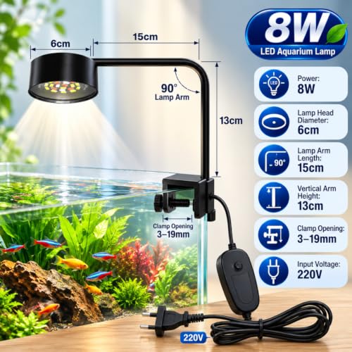 Image of VAYINATO WH-570 Aquarium LED Clip Light 8W | White LED Aquarium Lamp for Fish Tanks Upto 2 Feet | AC 220V Energy Efficient Lighting | Easy Clip-On Design for Nano Tanks Aquariums