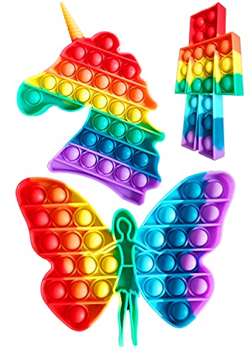 3Pcs Rainbow Push Pop Fidget Toy for Anxiety, Bubble Poper Stress Relief Toys, Animal Butterfly Fairy Sensory Toy