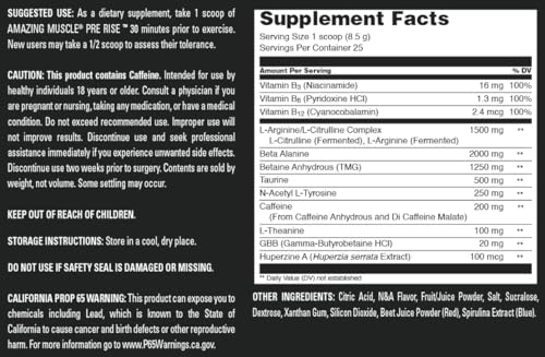 Image of Amazing Muscle Pre Rise | Pre-Workout Powder Supplement with Caffeine & Beta-Alanine for Men & Women | 25 Servings (25 Servings, Blueberry Pomegranate Blast)