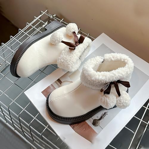 Kids Girls Low Heel Fleece Thick Ankle Booties with Pom-Pom 𝐁alls Soft Plush 𝗟ining F𝘂r Winter Warm Cute Shoes4
