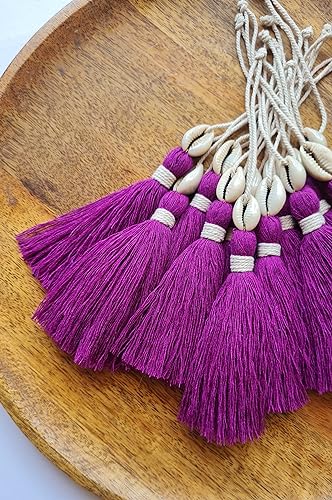 Image of Zippy Flora Handmade Cotton Tassels with Cowrie Shells for DIY & Crafts Project, Pack of 10 (Purple)