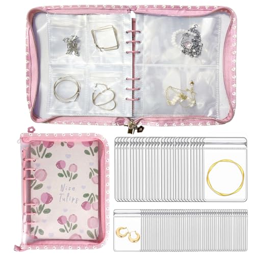 Jeonnfp Jewelry Organizer Travel,Jewelry Storage Book with 45 Portable thick PVC pouches,Jewelry Organizer Zipper Bags for Necklaces Bracelet Rings and Earrings (front cover removable),Pink
