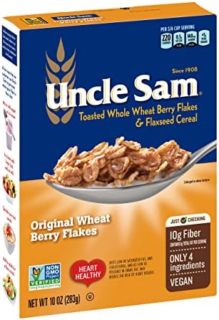 Uncle Sam Original Wheat Berry Flakes Cereal, High Fiber, Whole Grain, Non-GMO Project Verified, Kosher, Heart Healthy, Vegan, 10 Oz Box (Pack of 12)