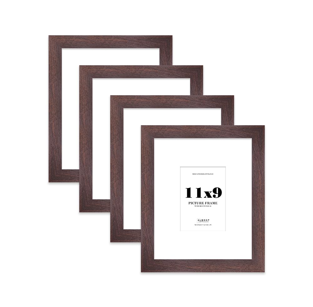 11x9" Walnut Frame With Mount for A6 Pictures 28mm Edge Portrait and Landscape Display with Wall Hooks and Kickstand, 4 Pack