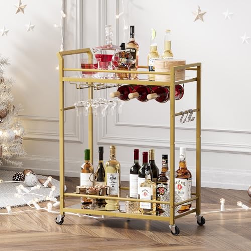 Image of 3 Tier Bar Cart, Small Beverage Cart, Mini Bar Cart with Wine Rack, Home Bar Serving Cart with Wheels for Dining Living Room (Gold, Mirrored) GBC106GU