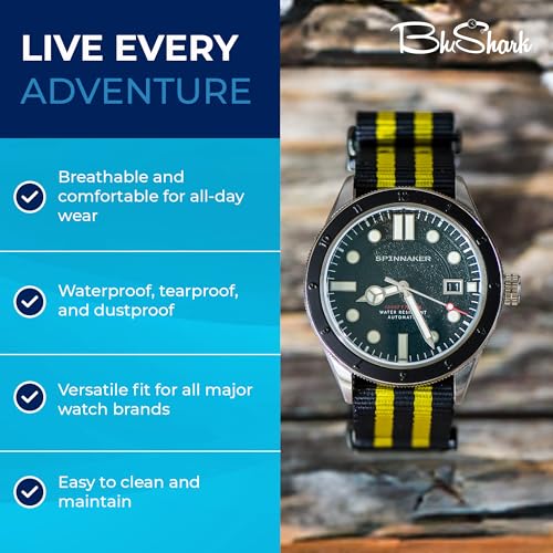 Image of BluShark - Original Collection Military-Style Waterproof Watch Strap, Fits All Timepiece Brands, Durable Nylon Wristwatch Accessories with Stainless Steel Buckle - 18mm, 20mm, 22mm & 24mm Watch Bands