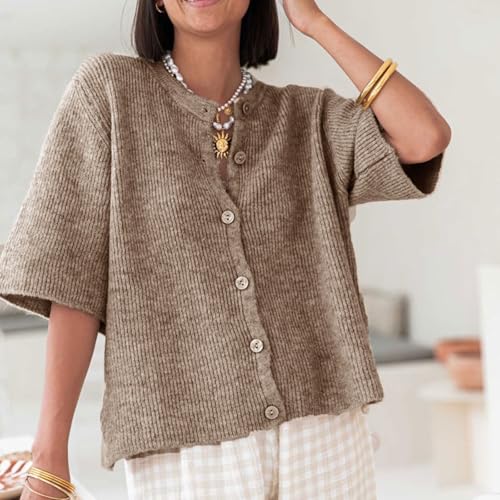 Women Y2K Button Down Sweater Cardigan Knit Crew Neck Short Sleeve Open Front Sweater Lightweight Knitwear Crop Top2