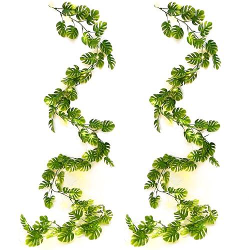 RECUTMS Artificial Monstera Leaf Vines Whit Light 2Pcs, 5.9FT Fake Hanging Ivy Plant Faux Tropical...