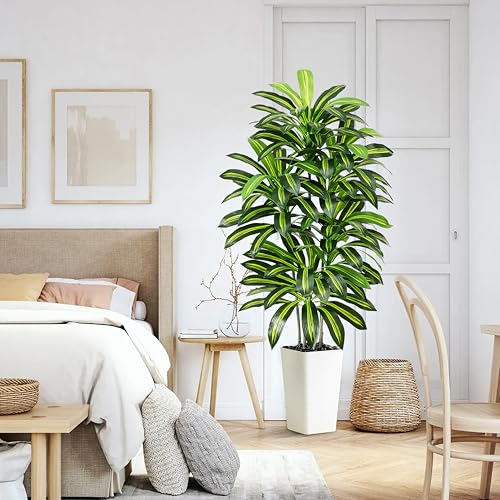 Artificial Dracaena Plant Indoor 5FT Fake Tree with White Tall Planter, Tall Fake Floor Plant in Pot, Artificial SilkPlant for Home Decor Office Living Room Porch Patio Housewarming(5 Trunks 150CM) - Image 6