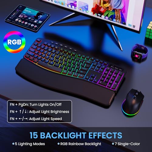 Image of COLIKES Ergonomic Wireless Keyboard and Mouse Silent, Rechargeable Wave Keyboard with 15 Lighting RGB Backlit Effects, Soft Leather Wrist Rest, 3200 DPI Mouse for PC Computer Laptop Windows Mac