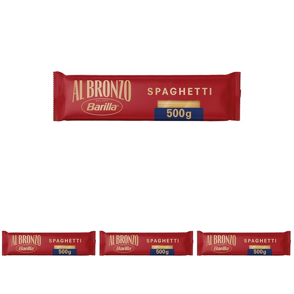 Barilla Pasta Al Bronzo Spaghetti 500g I Nudeln aus Bronze-Formen, Saucenhaftung auf die italienische Art, 100% hochwertiger Hartweizen verleiht den vollmundigen Geschmack (Packung mit 4)