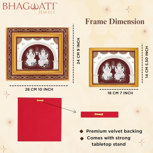 Image of 999 Pure Silver Laxmi Ganesh Frame | Divine Home Decor | Wall Mount Square Photo for Gift, Wooden PhotoFrame, Temple & OfficeDecor | hangingframe (10.50 inch x 9 inch Inch)