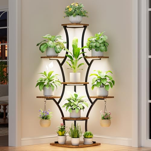 Image of Corner Indoor Plant Stand With Grow Lights, 8 Tier, 52.6 inch Tall | Plant Shelf, Flower Holder, Display Rack,Heavy Duty Anti-rust Iron Pipes, Water-resistant & Anti-corrosive Wood, Auto Timer