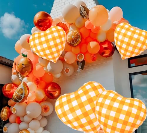 Image of 4pcs 18 inch Orange Heart Checked Balloons Striped Plaid Heart Foil Balloons for Spring Party Decorations Picnic Party Decor Love Theme Birthday Party Wedding Baby Shower Versatile Party Decor