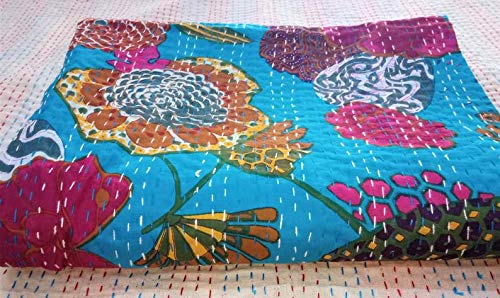Textile Work Creations TI AMO Handmade Terquoise Fruit Print Cotton Bedspread Kantha Quilt King Size Bohemian Bedspread Kantha Quilt Single-image-33