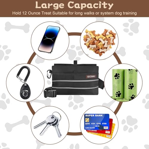 Leckerlitasche für Hunde mit Magnetverschluss, Freihändige Leckerlibeutel für Hunde, 3 Methoden zu Tragen Hundeleckerli Tasche, Praktischer Hunde Leckerlitasche mit Gürtel & Karabiner (Schwarz, L)