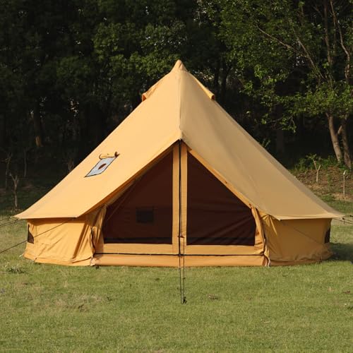 WaldZimmer Canvas Bell Tent 13.1ft Turmeric with Stove Jack and Zipped Removable Floor, Luxury Outdoor Glamping Yurt Cotton Tent for Family Truck Car Camping Hunting Party