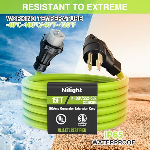Image of Nilight 15FT 50 Amp Generator Extension Cord 250V Heavy Duty 6 /3+8 /1 Gauge Pure Copper STW Wire ETL Listed 4 Prong 14-50P SS2-50R&CS6364 Suit for RV Camper Outdoor Use Bright Green
