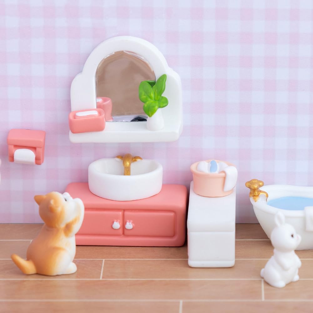 42 Pcs 1:48 Scale Miniature Pink Furniture Set DIY Craft Decor Includes Bathroom (Bathtub/Toilet), Bedroom (Bed/Wardrobe), Living Room (Sofas) for Mini House