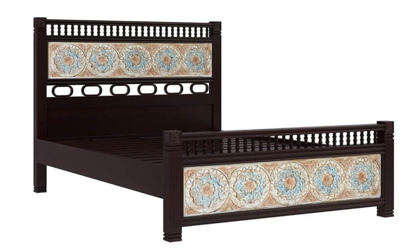 Image of Arman HANDICRAFTS Solid Sheesham Wood King Size Bed with Decorative Tile Headboard & Footboard | Wooden Bed Frame for Bedroom | Traditional Designer Bed | Dark Walnut Finish