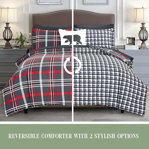 Image of Elegant Comfort 8-Piece Lodge Plaid Reversible Comforter Set - All Season Bed in a Bag, 4-Piece Sheet Set Featuring Smart Pockets, Matching Shams and Decorative Pillow, Full /Queen, Gray