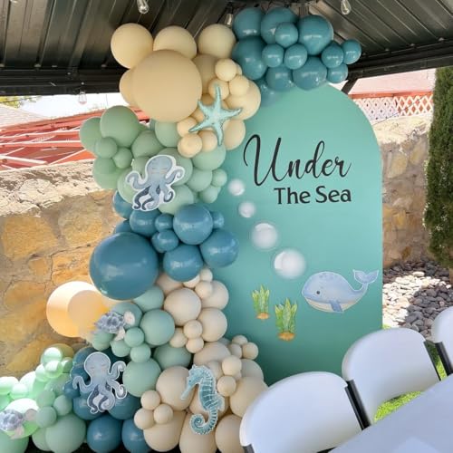 Image of Under The Sea Balloons, 35PCS Dusty Slate Blue and Green Balloons, Baby Light Green Sand White Latex Balloon for Kids Boys Under The Sea Ocean Themed Baby Shower Birthday Party Decorations Supplies