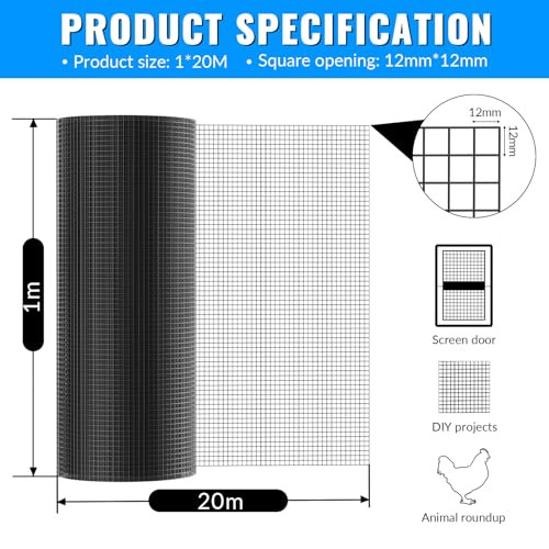 Maschendrahtzaun Schwarz 1m x 20m, Volierendraht 12mm Maschenweite 1mm Maschendrahtzaunrolle, Metallgitter als Hasendraht Kaninchendraht Hühnerdraht Hasengitter