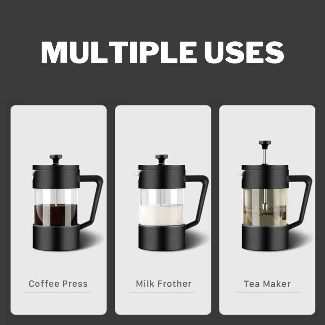 Cafetière à piston W&M en verre borosilicate et acier inoxydable, triple filtre - Noir