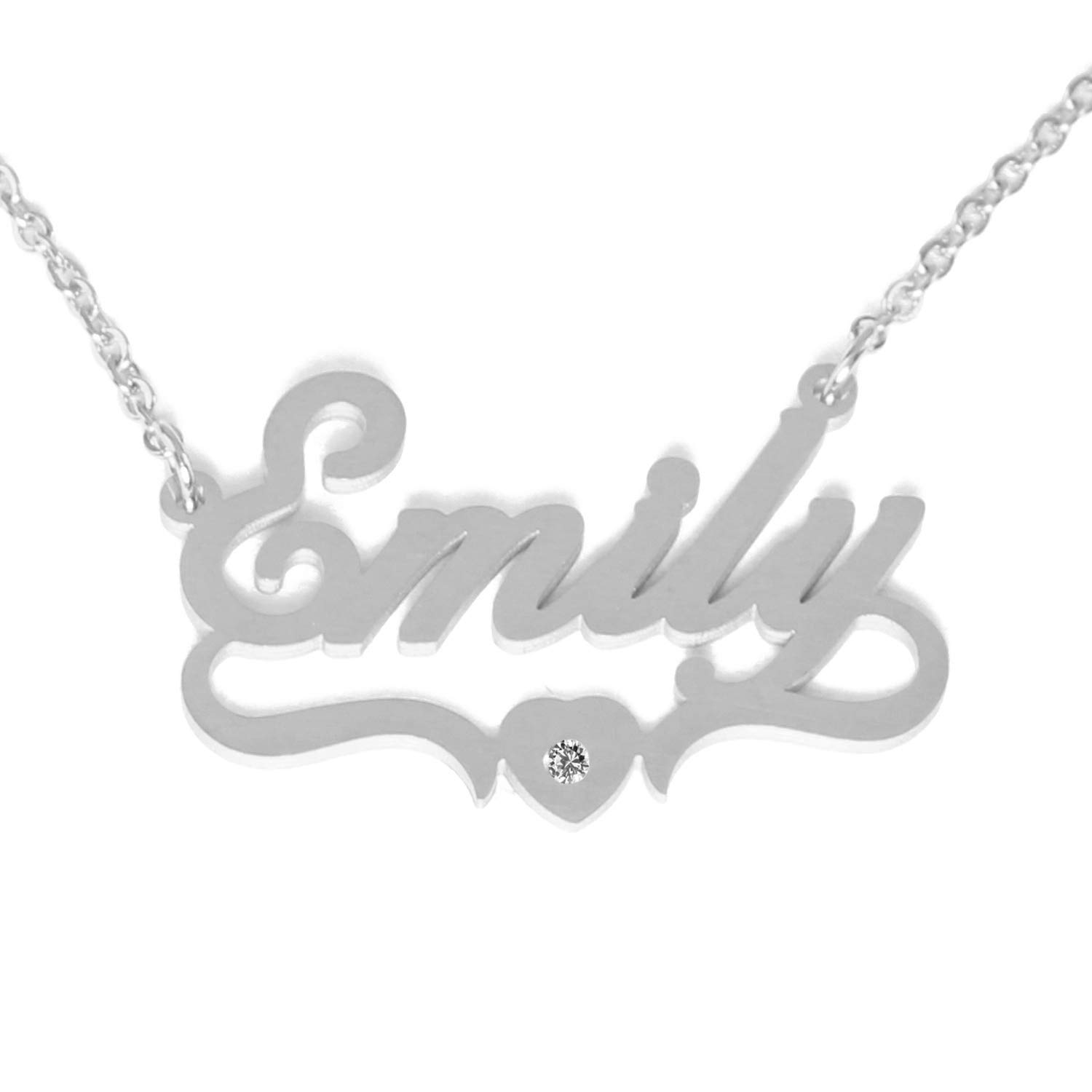 KiguEmily Personalised Heart Shaped Name Necklace Adjustable Chain - Silver Tone - Incl Gift Packaging