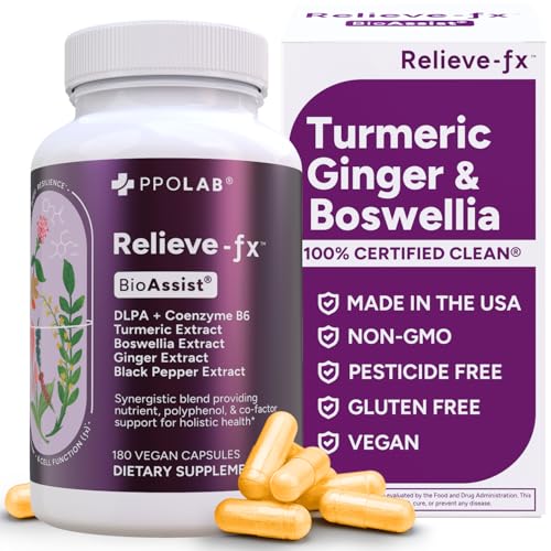 PPO Lab Relieve-fx DLPA Boswellia Turmeric Ginger Supplement for Inflammation Health Heart Gut Cramps Joint Stress Relief Factors as Curcumin Boswellic Acid Black Pepper Extract 180 Capsules