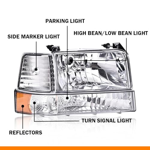 Image of G-PLUS Headlights Assembly Fit 1992-1996 Ford F150 F250 F350 Super Duty(Incl.1997 9th Old Body Style),Fit 1992-1996 Bronco w /Corner Signal Headlamps Clear Lens Chrome Housing Amber Reflector