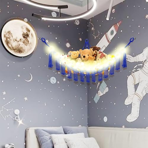Image of CERETIA Stuffed Animal Hammock with LED Light, Large Stuffed Animals Storage Corner Plushie Net for Kids Room Decor, Jumbo Royal Blue