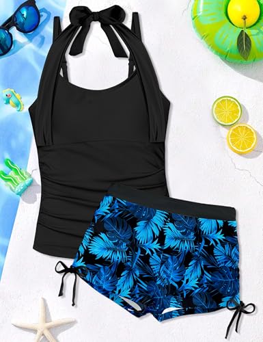 Image of Girls Swimsuit 2 Piece Halterneck Girls Tankini Swimsuit Drawstring Printed Swim Shorts Girl Bathing Suit for 7-18T