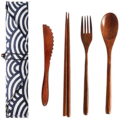 Juego de Cubiertos de Estilo Japonés, 4 Piezas Juego de Cubiertos de Madera Reutilizable, Tenedores de Cuchara de Madera Natural, pour Banquetes, Buffet, Catering, Vida Diaria Cover