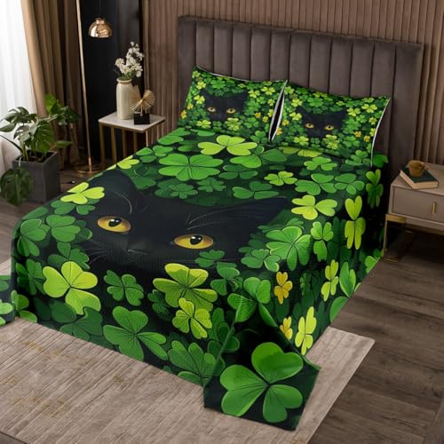 Manfei St. Patrick's Day Bedspread King Size, Cute Cat Green Clover Coverlet Set 3pcs, Lucky Shamrock Leaf Quilted Coverlet with 2 Pillowcases, Kids Girls Room Decor, Soft Bedding Quilt