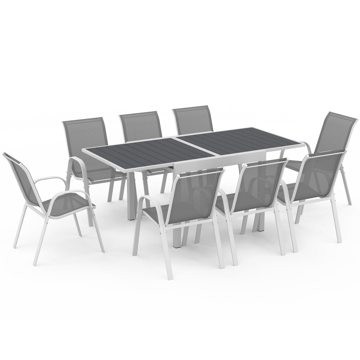 IDMarket – Salón de jardín de poli extensible mesa 90-180 cm y 8 sillas blanco y gris