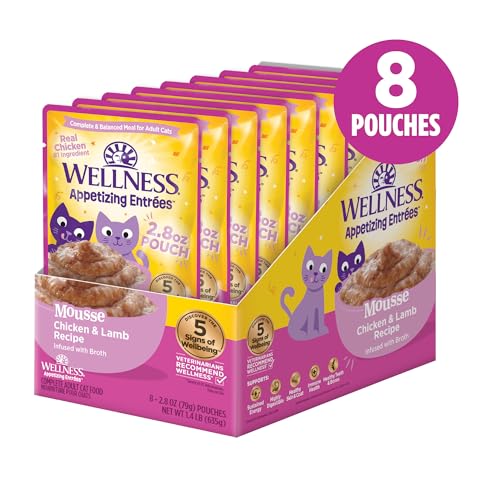 Image of Wellness Appetizing Mousse Flaked Adult Wet Cat Food, Natural, Protein Rich, Grain Free, Chicken and Lamb Recipe, 2.8 oz, Pack of 8 Pouches
