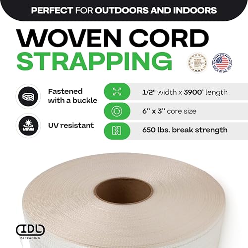 Image of IDL Packaging Woven Cord Strapping Coil 1 /2 inch x 3900', 650 lbs, 6 inchx3 inch Core | White Poly Packaging Strapping - Strength & Flexibility Woven Cord Strap Roll with Re-Tightening Option by IDL Packaging
