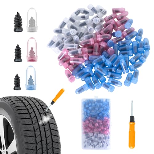 AMZAUTO 100PCS Screw in Tire Repair Plugs, Car Tire Screw Plug Repair Kit with Box and Screwdriver, Vacuum Car Mending Nail Includes 3 Sizes for Tractor, Motorcycle, Truck